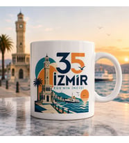İzmir Temalı Hediyelik Kupa Bardak - 35 Plaka Ege'nin İncisi Modern Vektörel Baskılı Özel Tasarım Kupa