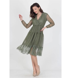 Neseli butik kruvaze yaka eteği güpür detaylı yeni sezon elbise NB0010 (Haki)