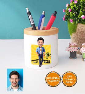 Kişiye Özel Karikatürlü Baba Kalemlik Babaya Babalar Günü Doğum Günü Hediyesi (Beyaz)