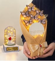 Kişiye Özel Led Işıklı Fanus ve Led Işıklı Aynalı Beyaz Kelebek Buketi Hediye Seti (Model 5)