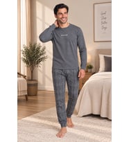 Falkom 5802 İnterlok Kışlık Kalın Kumaşlı Ekose Pijamalı Erkek Ev Pijama Takımı