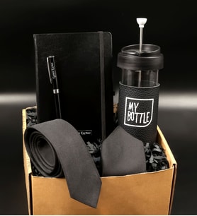 Babalar Gününe Özel Kişiye Özel Siyah Termo Defter& Siyah Roller Kalem&  French Press Cam Mug& Siyah Kravat Hediye Seti