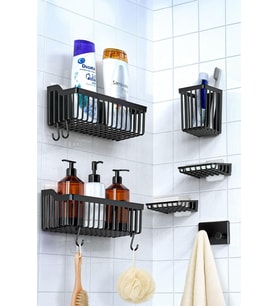 6'Lı Banyo Seti Yapışkanlı Banyo Düzenleyici Şampuanlık Diş Fırçalık Sabunluk Askılık Takımı Siyah