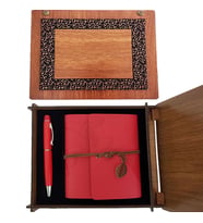 Ahşap Kutulu Kırmızı Deri Defter ve Metal Kalem Set