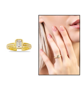 Baget Kesim Beyaz Zirkon Taşlı Gold Renk Free Size 925 Ayar Gümüş Kadın Tektaş Yüzük