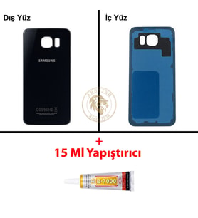 Samsung Galaxy S6 Siyah Renk Arka Kapak + B7000 Yapıştırıcı Arka Cam Batarya Kapağı Pil Kapağı Lazer Kesim Back Cover Galaxy S6 Uyumlu