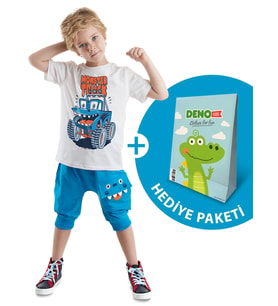 Monster Truck Erkek Çocuk T-shirt Kapri Şort Takım (Beyaz-Mavi)