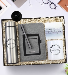 Kişiye Özel Tasarım 500 ML Dereceli Termos & Baskılı Kalemlik & Telefon Cepli Gri Defter & Gri Renk Roller Kalem Hediye Seti