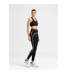 Beli Siyah - Beyaz Lastikli Beyaz Biyeli Siyah Spor Tayt