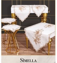 Salon Takımı 5 Parça Nakış İşlemeli Masa Örtüsü Runner Seti Çeyizlik Simella Model Krem-Kapi
