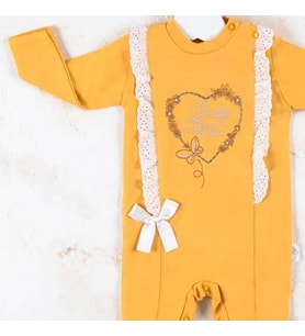 3-12 Ay Kız Bebek Tulumu Love Kalp Nakışlı Sarı
