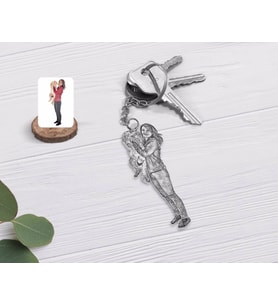 BK Gift Kişiye Özel Tam Boy Karakalem Kız ve Kedi Karikatürlü Şeffaf Pleksi Anahtarlık-1 (Beyaz)