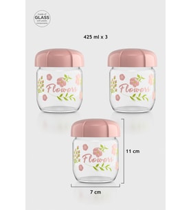 Renga Rhea 425 ml Flower Desenli 3'lü Cam Kavanoz Seti 132005 Pembe