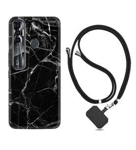 Tecno Spark 6 6 Go 8C 8 Pro 7 7 Pro Kılıf Boyun Askılı Silikon Fragile Black Mermer 1378