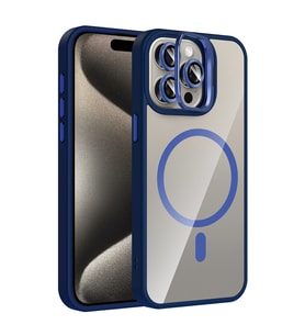 Apple iPhone 15 Pro Max Uyumlu Kılıf Standlı ve Kamera Lens Hediyeli M-Safe Şarj Özellikli Zore Etro Kapak (Lacivert)