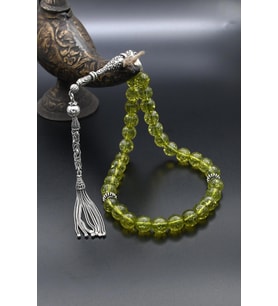 33'lük Doğal Peridot Taşlı Tesbih 925 Ayar Gümüş Püsküllü 10mm Küre Kesim 500021