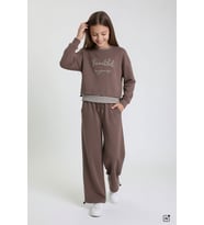 Bordo Kız Çocuk Çizgili Croplu Sweatshirt 3lü Geniş Paça Eşofman Takımı 24778