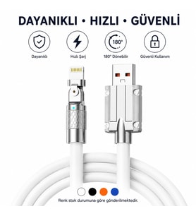 Metal Başlıklı Lightning Şarj Kablosu 180° Döner Başlıklı Hızlı Şarj Destekli