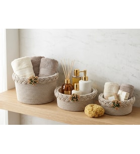 Renklievim Atölye 3'lü Organizer SPT-SET-001 El Yapımı Kordon İp İncili Çok Amaçlı Ev Ve Banyo Düzenleyici Dekoratif Sepet Seti