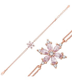 925 Ayar Gümüş Rose Kaplama Pembe Zirkon Taşlı Lotus Çiçeği Kadın Bileklik