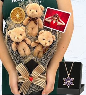 Fotoğraflı Büyük Boy 3'lü Tasarım Peluş Ayıcık Buketi ve Gerçek Ametist Taşlı Lotus Kolye (Model 5)