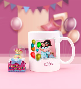 Ayıcıklı Happy Birthday Kar Küre & Kişiye Özel Fotoğraflı ve İsimli Doğum Günü Kupası Hediye Seti