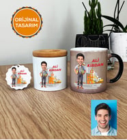 Kişiye Özel Karikatürlü İnşaat Mühendisi Hediye Seti Kupa Bardak, Kalemlik, Anahtarlık Erkek İnşaat Mühendisine Mühendisler Günü Hediyesi (Siyah)