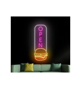 OPEN Yazılı ve Burger Şekilli Neon Tabela