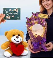 Kişiye Özel Tasarım Led Işıklı Aynalı Kelebek Buketi ve Kalpli Peluş Ayıcık (Model 6)