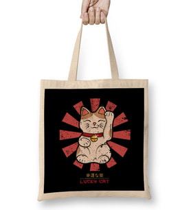 Lucky Cat Retro Japanese Bez Çanta Uzun Saplı