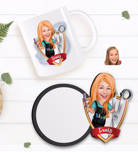 BK Gift Kişiye Özel Kadın Kuaför Karikatürlü Beyaz Kupa ve Ahşap Bardak Altlığı Hediye Seti-1