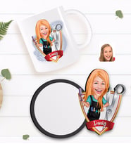 BK Gift Kişiye Özel Kadın Kuaför Karikatürlü Beyaz Kupa ve Ahşap Bardak Altlığı Hediye Seti-1