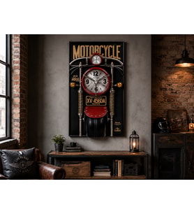 Siyah Motosiklet Temalı Dekoratif Duvar Saati – Vintage Motor Tasarımlı Büyük Boy Duvar Dekoru 120x60x18 Cm