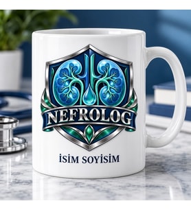 Nefrolog Kupa Bardak Mavi Böbrek ve Kalkan Desenli