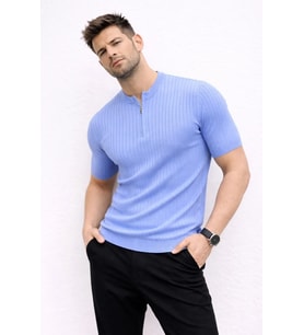 Erkek Kısa Kol Fitilli Triko T-Shirt Yazlık Hakim Yaka Tişört - Bebek Mavisi