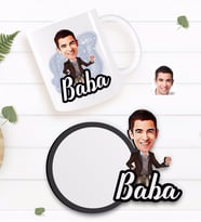 BK Gift Kişiye Özel Baba Karikatürlü Beyaz Kupa ve Ahşap Bardak Altlığı Hediye Seti-1