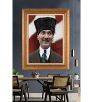 Altın Varaklı Çerçeveli Paspartulu Atatürk Tablo nh182 (Gold)