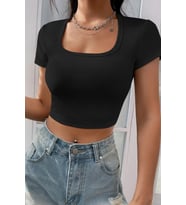 pilelistore Kadın Siyah Yarım Kol Düz Yaka Crop Top Bluz