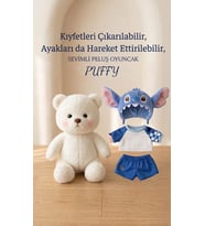 Stitch kostümlü 30 cm puffy kıyafetleri çıkartılabilir ayakları hareket eden sevimli peluş ayıcık (Mavi)