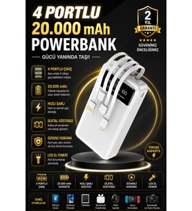 20000 mAh 4 Çıkışlı Powerbank Kompakt Tasarımlı Hızlı Şarj Özellikli