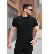 Erkek Ince çizgi Dokulu Bisiklet Yaka Kısa Kollu T-shirt