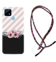Realme C11 C21 C21Y C25Y C11 2021 Kılıf Boyun Asklı Rasta Silikon Strip Pink Flowers 1396