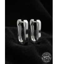 925 Ayar Gümüş Rodyum Kaplama Dikdörtgen Huggie Halka Küpe - Büyük Boy (3mm En)