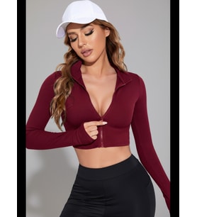 Fantezia Night Kadın Bordo Uzun Kol Fermuarlı Parmak Geçme Detaylı Dik Yaka Crop Top Bluz