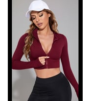 Fantezia Night Kadın Bordo Uzun Kol Fermuarlı Parmak Geçme Detaylı Dik Yaka Crop Top Bluz