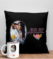 BK Gift Kişiye Özel Fotoğraflı Anneler Günü Tasarımlı Siyah Kırlent Yastık ve Kupa Seti, Anneye Hediye, Ev Dekorasyonu, Anneler Günü Hediyesi-1
