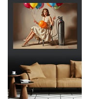 Balonlarla Uçan Vintage Pin-Up Kadın Dekoratif Kanvas - Mdf Ahşap Tablo