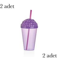 Pipetli Plastik Meşrubat Bardağı, 450 ml, Mor 2'li Set Qlux Bpa İçermez Soğuk Sıcak İçecek