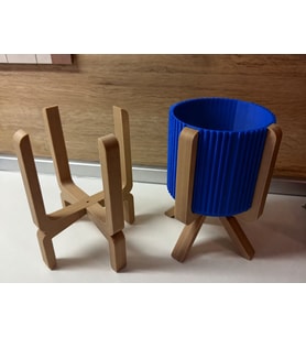 3D Baskı Ayaklı Çizgili Saksı - Bej Standlı Dekoratif Saksı - Mavi