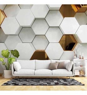 3 Boyutlu Gold Beyaz Altıgen Modern Duvar Kağıdı Baskı